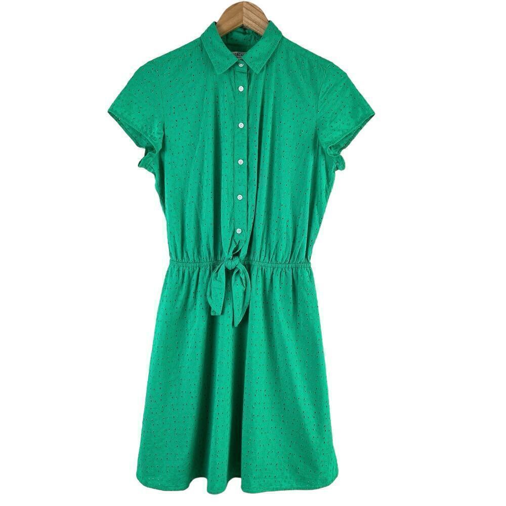 J.Crew Eyelet Collared Tie-Front Shirt Dress in‎ Green 100% Cotton, Size XS
